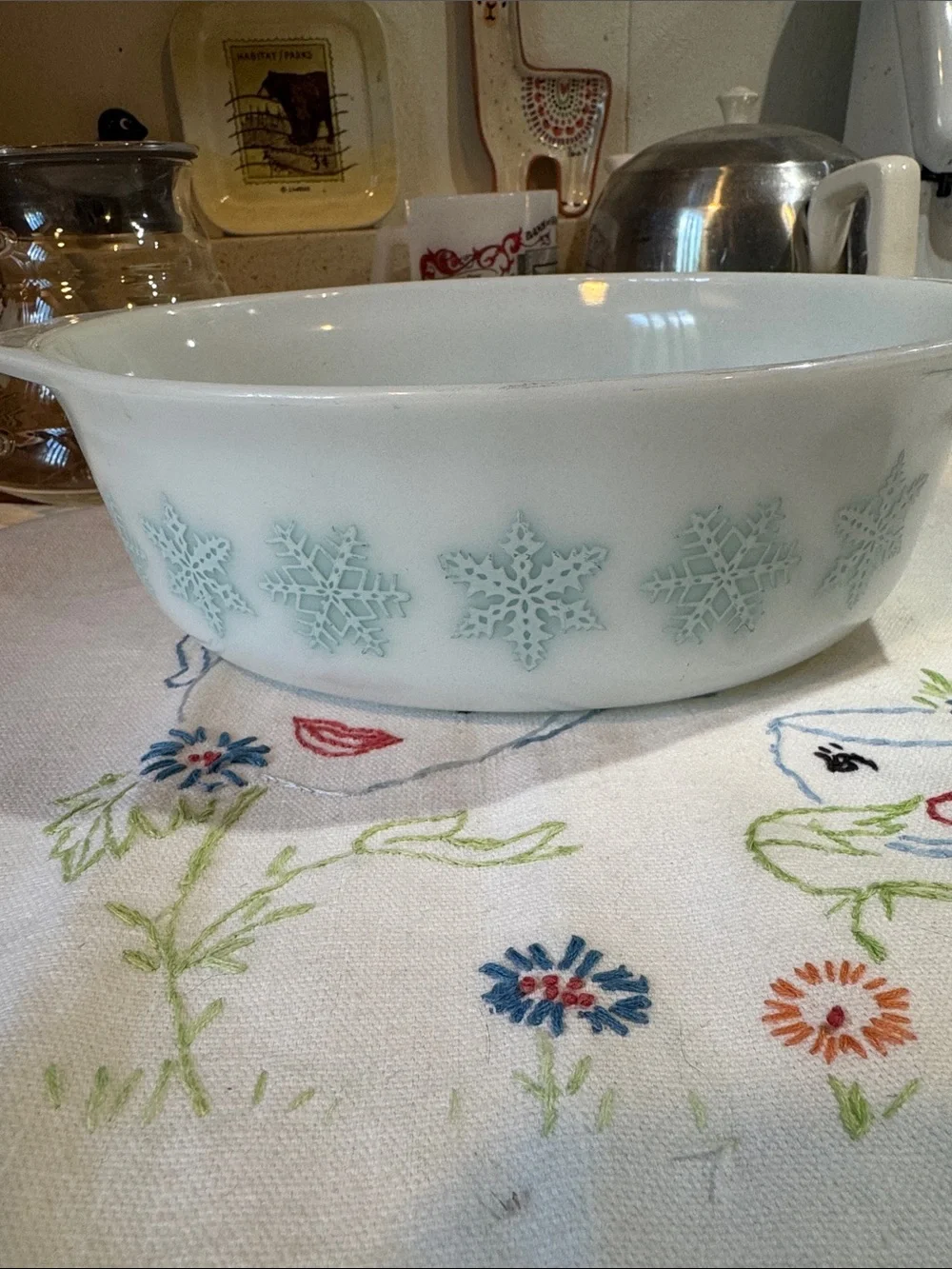 Pyrex White Casserole Dish with Light Blue Snowflake Pattern
